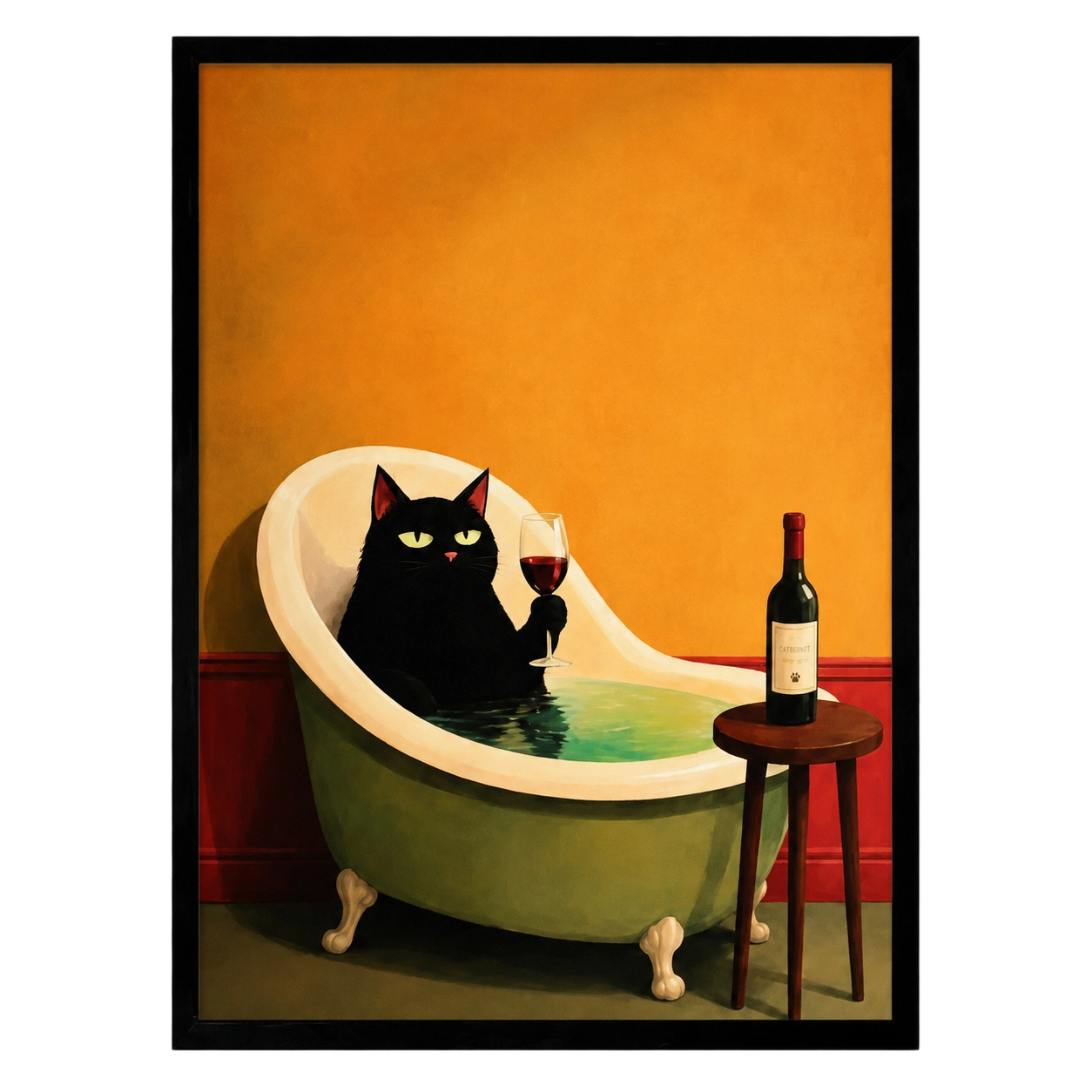 Black Cat Bath Wine Luxury Canvas Wall Art w4102