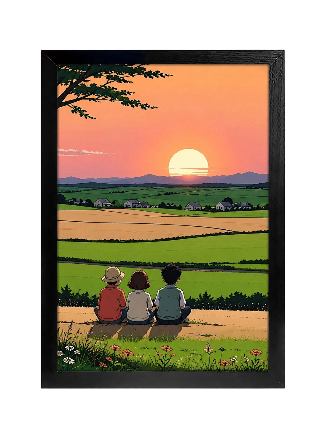 The Golden Field Rest 鈥?Cozy Rural Sunset Scene Wall Art on Natural Wood Canvas | W007