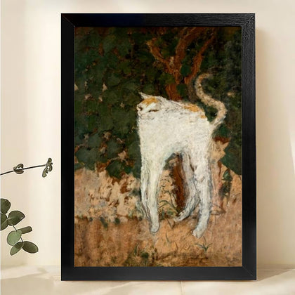 The Woodland White Cat 鈥?Serene Vintage Animal Wall Art on Natural Wood Canvas | W025