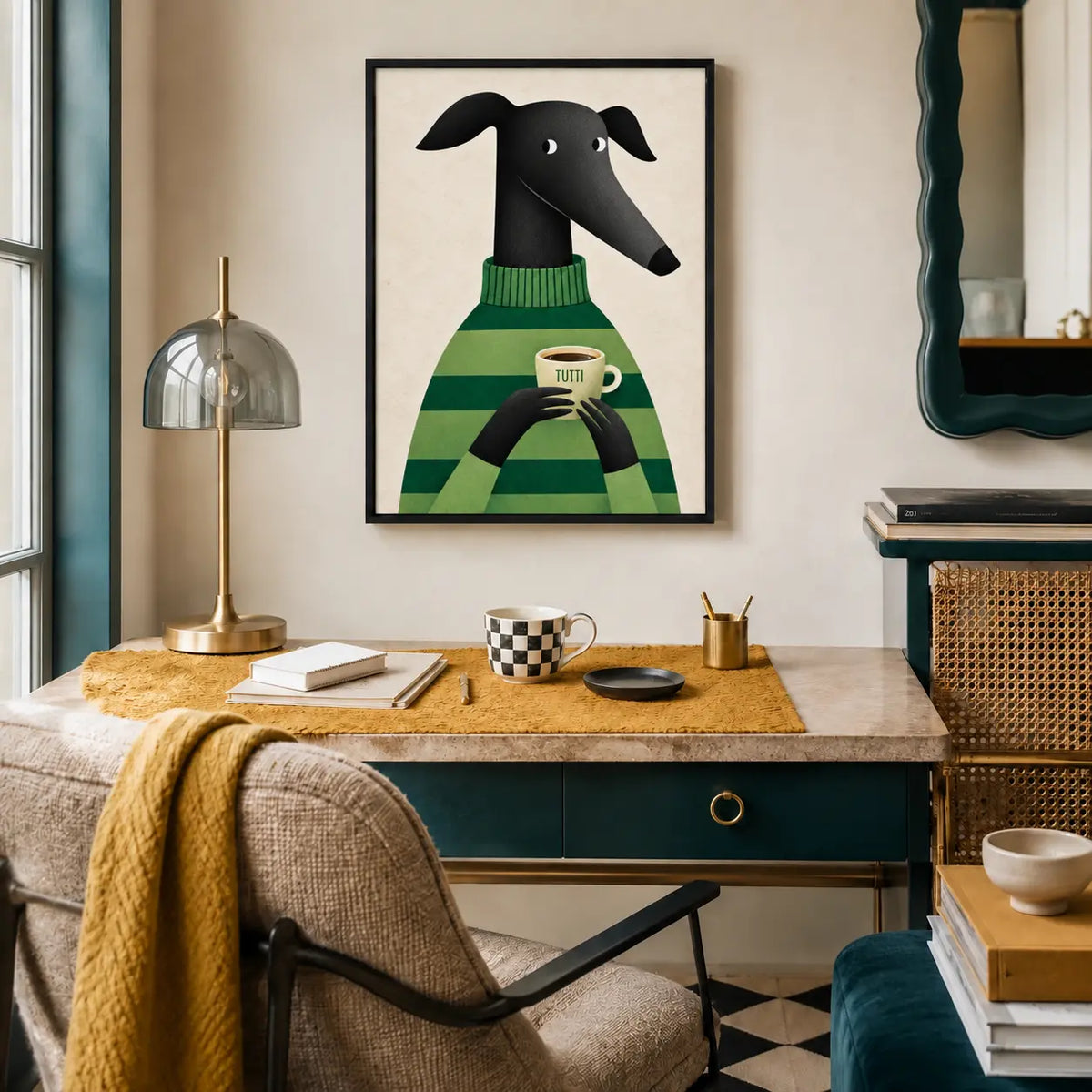 Greyhound with Coffee Wall Art - Cozy Green Sweater Print