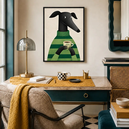 Greyhound with Coffee Wall Art - Cozy Green Sweater Print