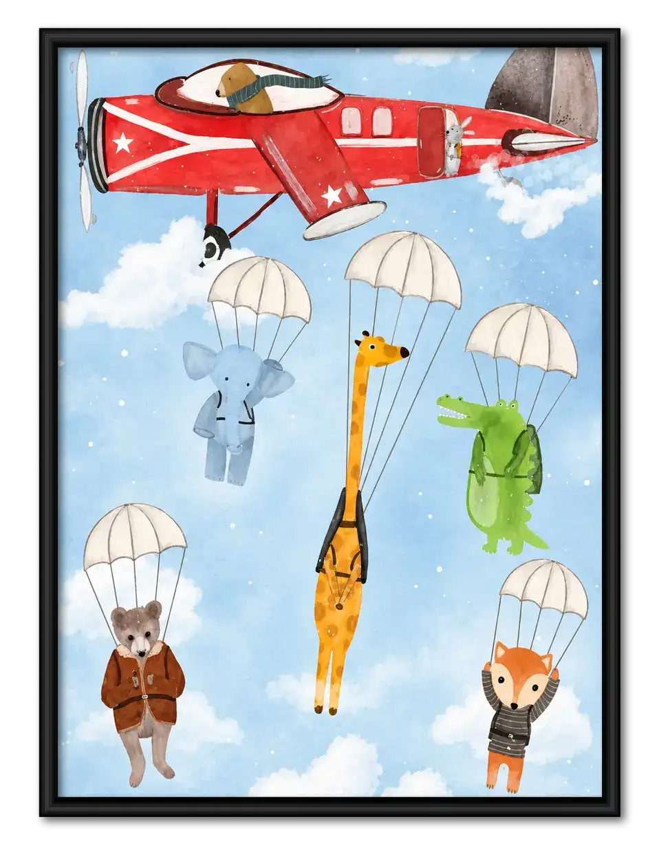 Animal Friends Parachuting from Red Airplane Wall Art 1