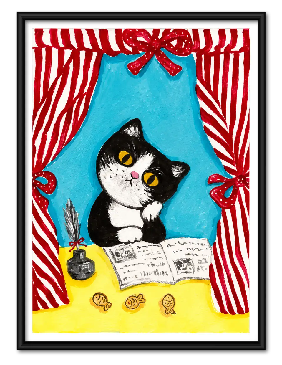 Black and White Cat Reading Behind Curtains Wall Art 1