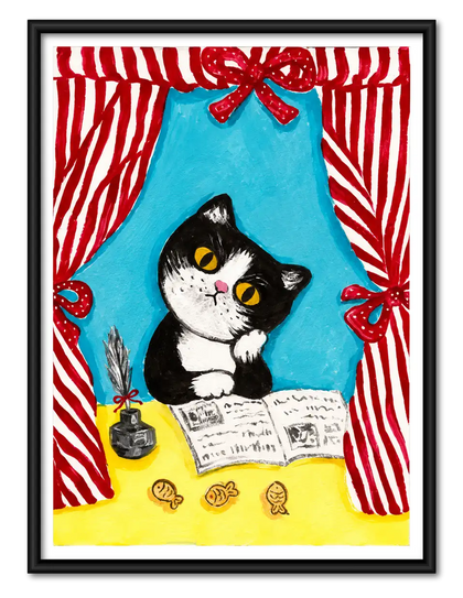 Black and White Cat Reading Behind Curtains Wall Art