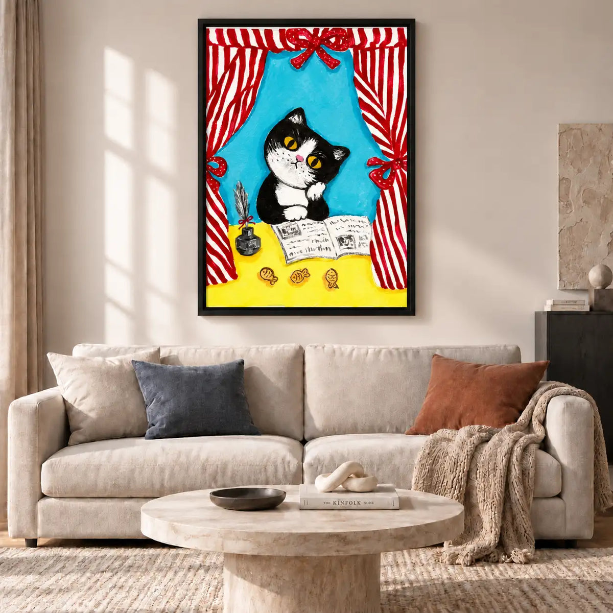 Black and White Cat Reading Behind Curtains Wall Art 2