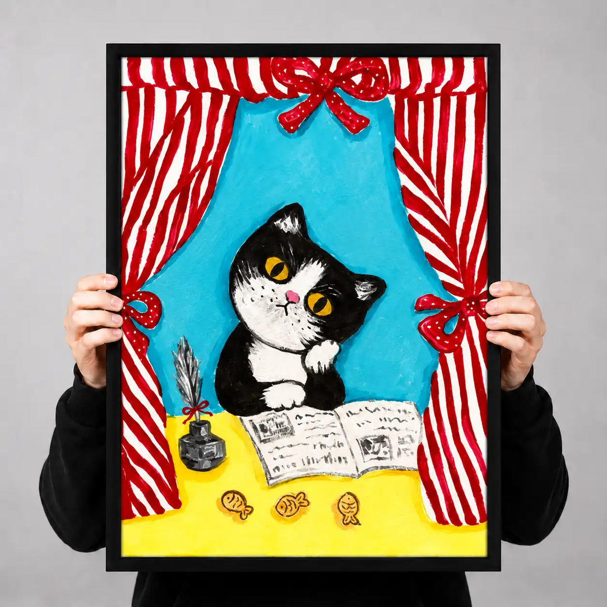 Black and White Cat Reading Behind Curtains Wall Art 3
