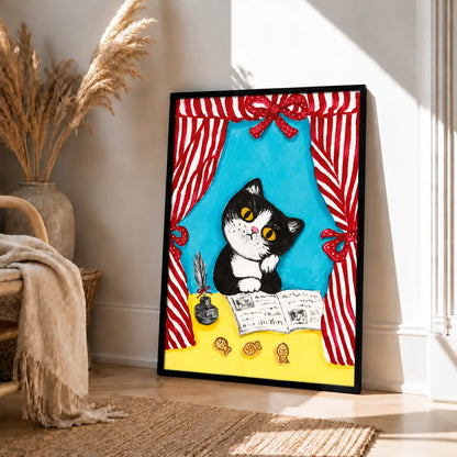 Black and White Cat Reading Behind Curtains Wall Art 4