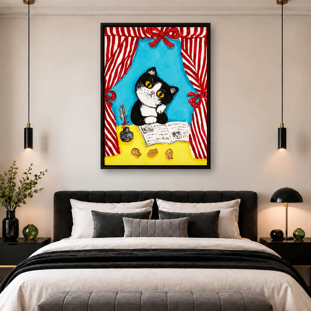 Black and White Cat Reading Behind Curtains Wall Art 5