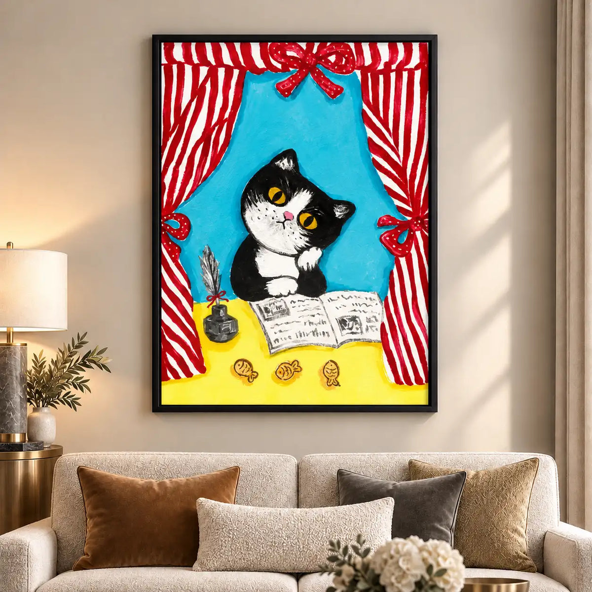 Black and White Cat Reading Behind Curtains Wall Art 6