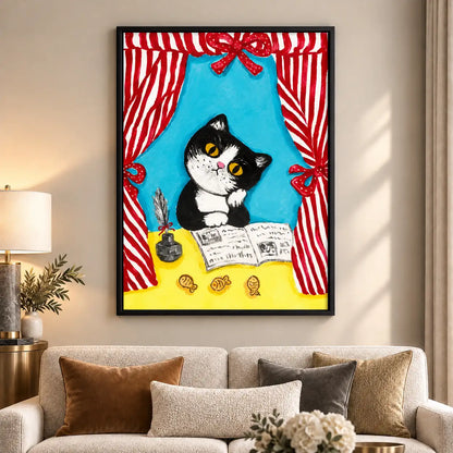 Black and White Cat Reading Behind Curtains Wall Art 6