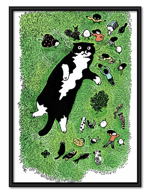 Black Cat Exploring a Busy Green Garden Wall Art