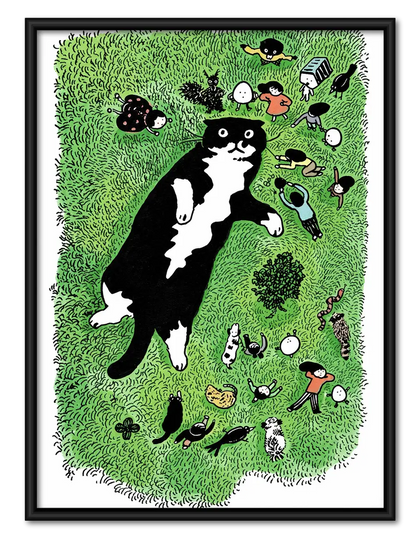 Black Cat Exploring a Busy Green Garden Wall Art