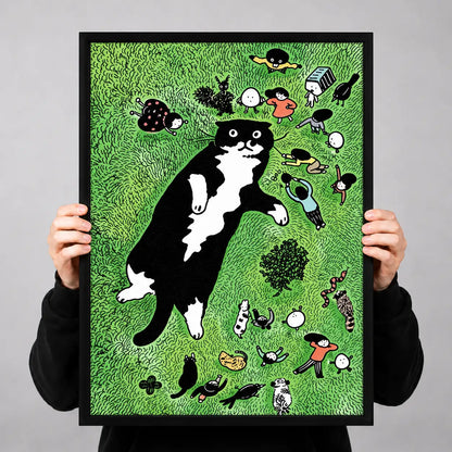 Black Cat Exploring a Busy Green Garden Wall Art 3