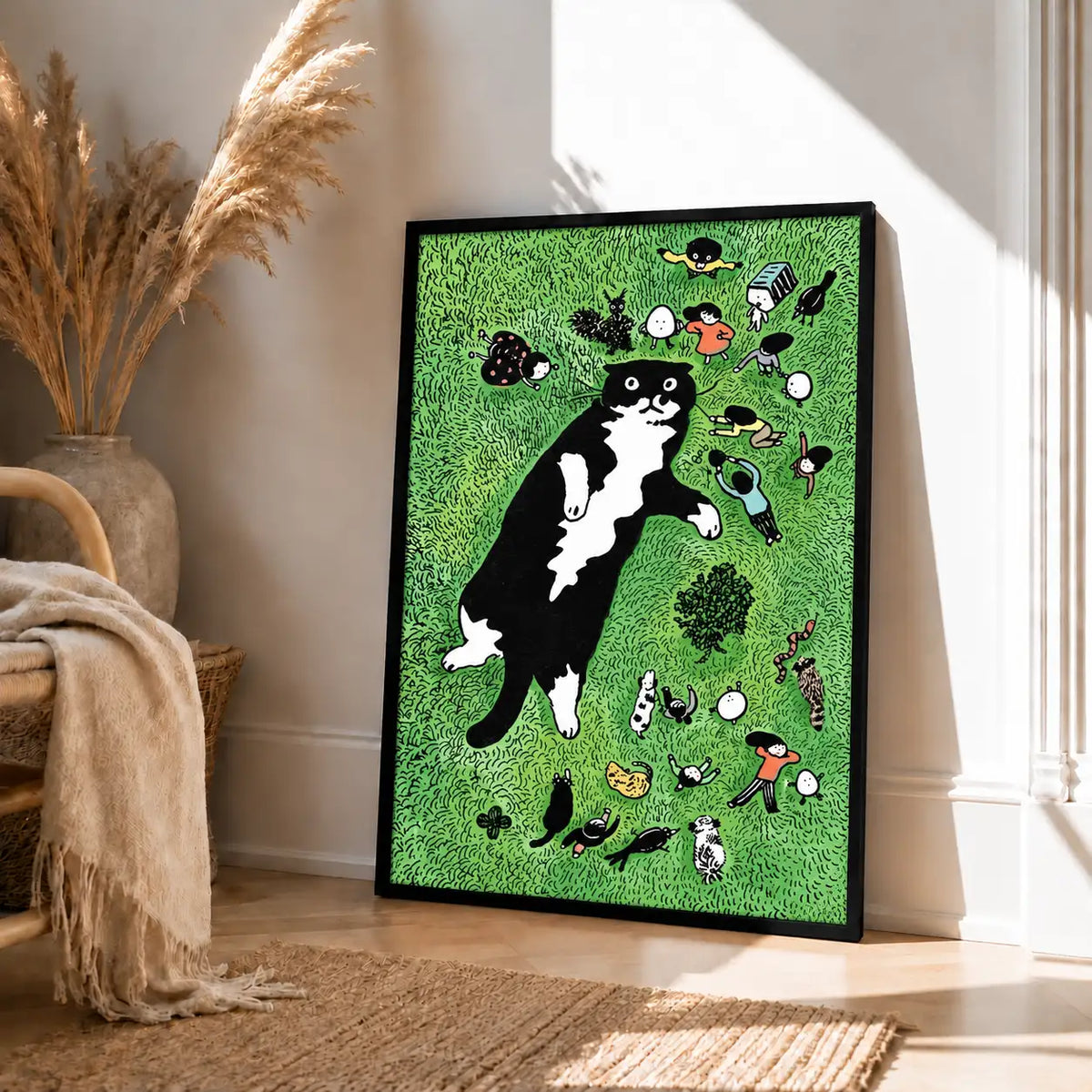 Black Cat Exploring a Busy Green Garden Wall Art 4