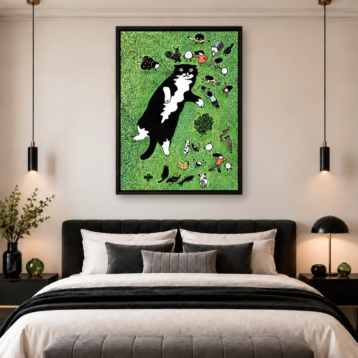 Black Cat Exploring a Busy Green Garden Wall Art 5