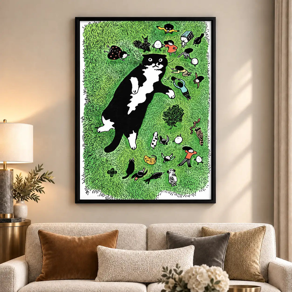 Black Cat Exploring a Busy Green Garden Wall Art 6