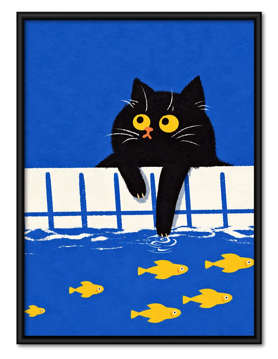 Black Cat Fishing in Bright Blue Water Wall Art 1