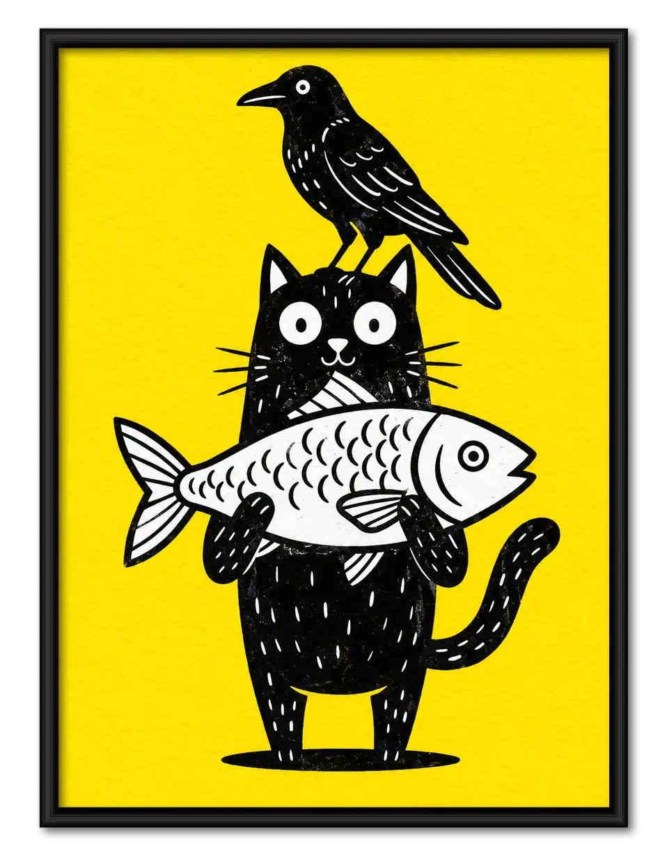 Black Cat Holding Fish with Crow Wall Art 1