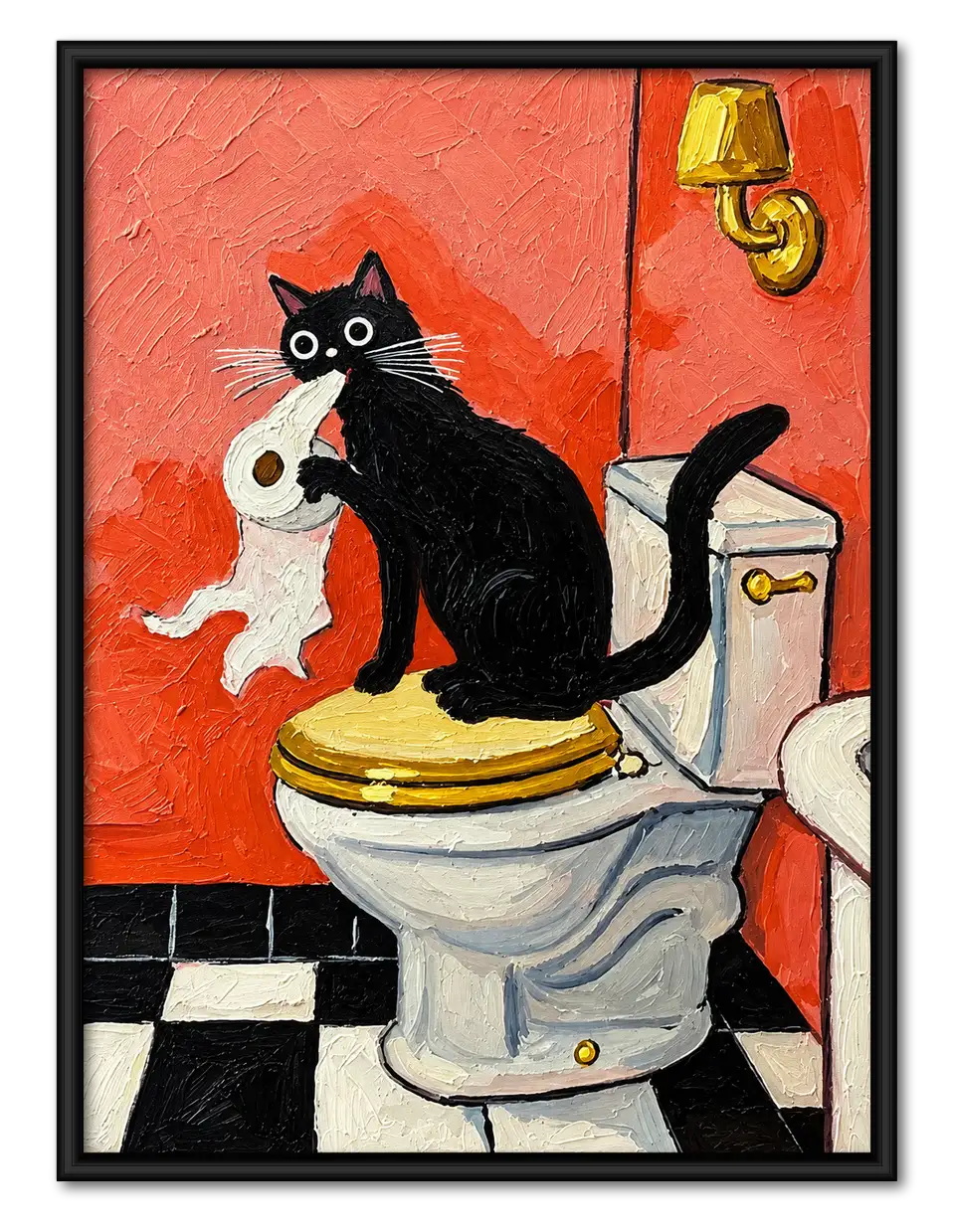 Black Cat Hugging White Cat on Toilet Wall Art 1