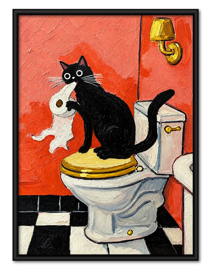 Black Cat Hugging White Cat on Toilet Wall Art