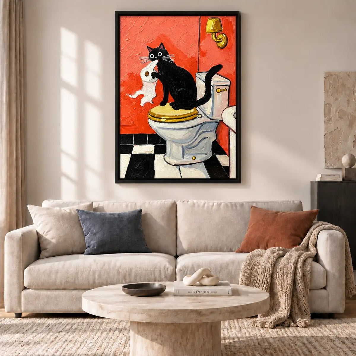 Black Cat Hugging White Cat on Toilet Wall Art 2