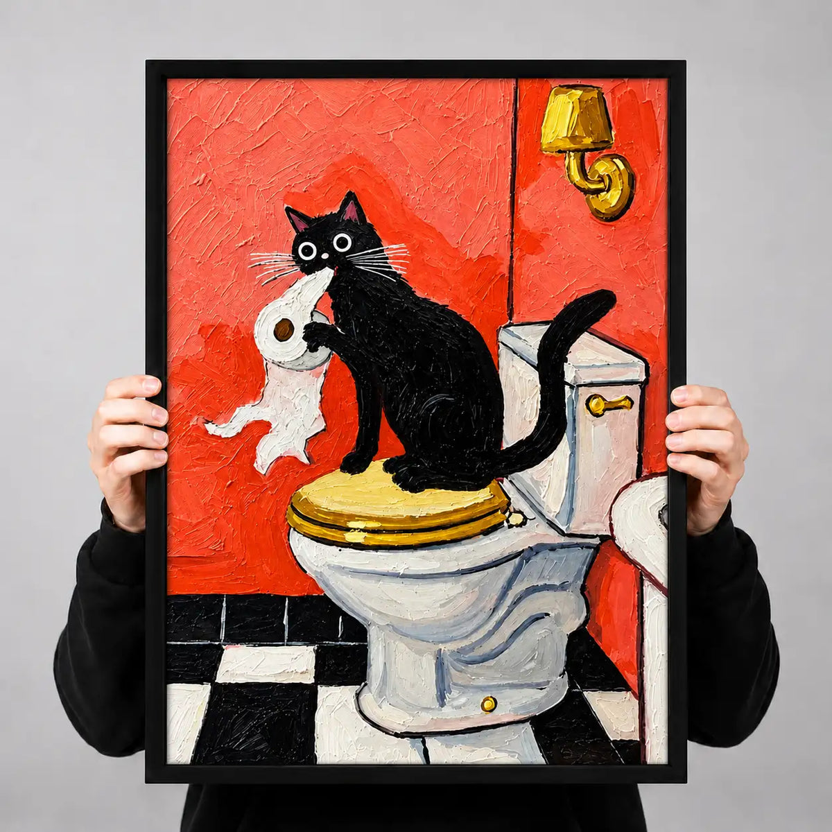 Black Cat Hugging White Cat on Toilet Wall Art 3