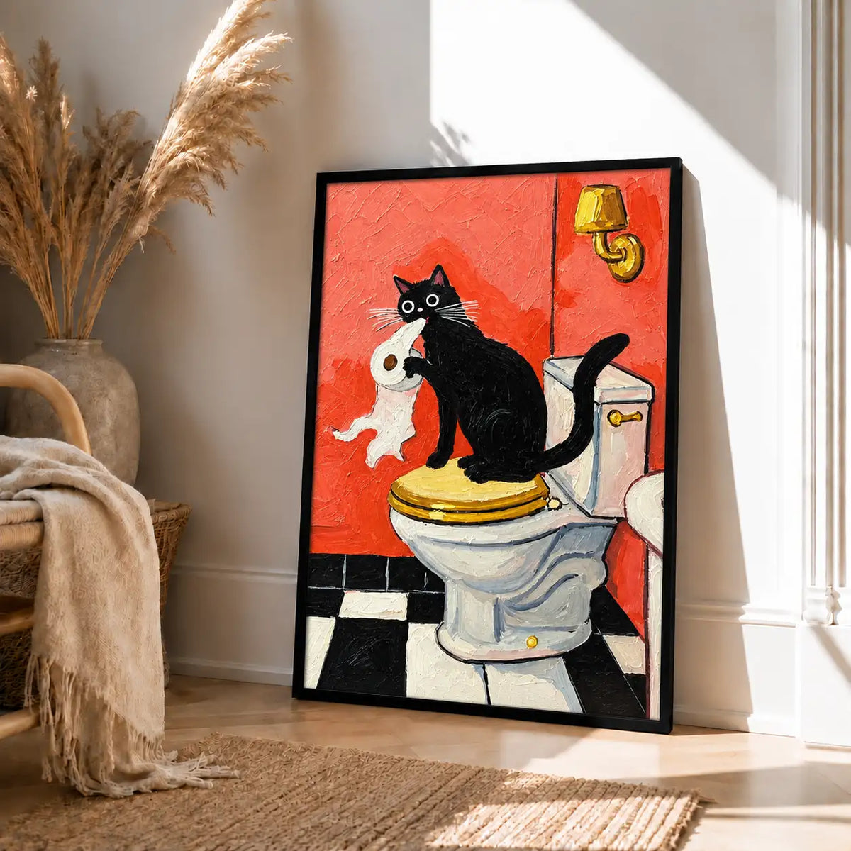 Black Cat Hugging White Cat on Toilet Wall Art 4