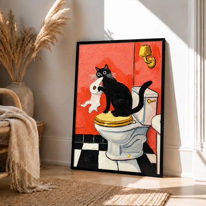 Black Cat Hugging White Cat on Toilet Wall Art 4