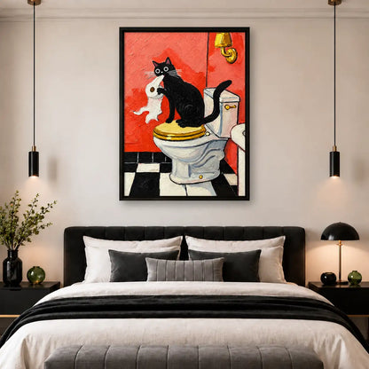 Black Cat Hugging White Cat on Toilet Wall Art 5