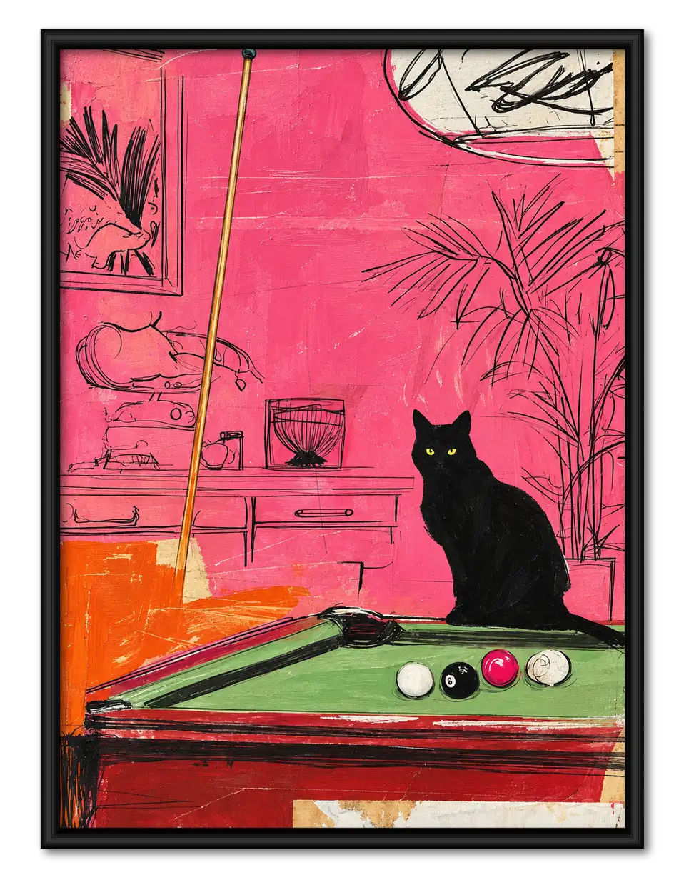 Black Cat Watching a Pink Pool Table Wall Art 1