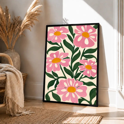 Bold Pink Daisy Garden Pattern Wall Art 4