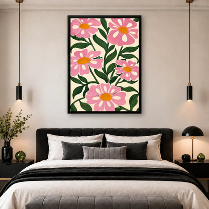 Bold Pink Daisy Garden Pattern Wall Art 5