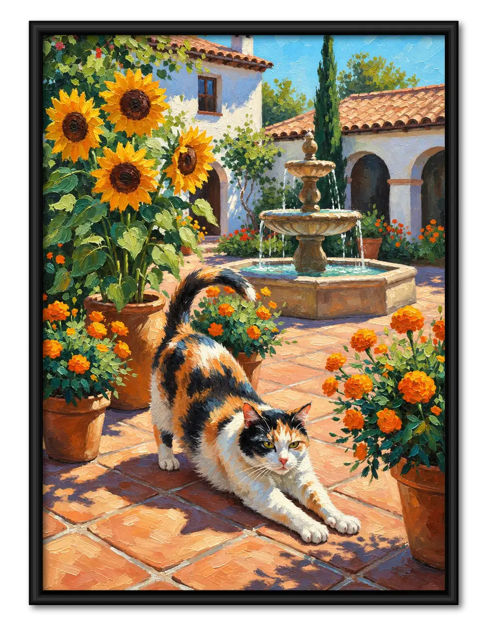 Calico Cat Stretching in Sunflower Courtyard Wall Art 1