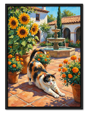 Calico Cat Stretching in Sunflower Courtyard Wall Art