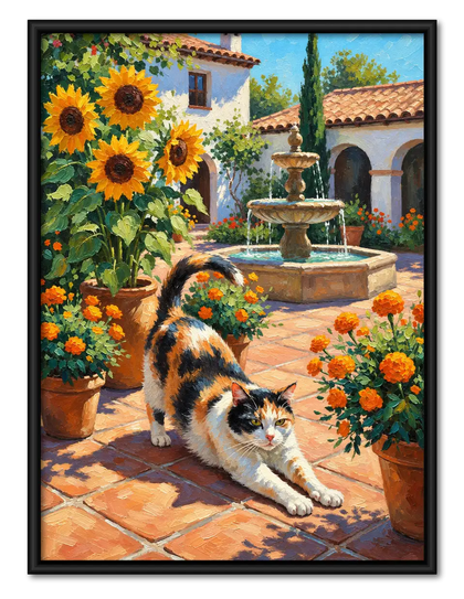 Calico Cat Stretching in Sunflower Courtyard Wall Art