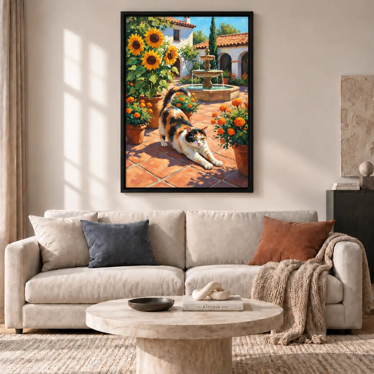 Calico Cat Stretching in Sunflower Courtyard Wall Art 2