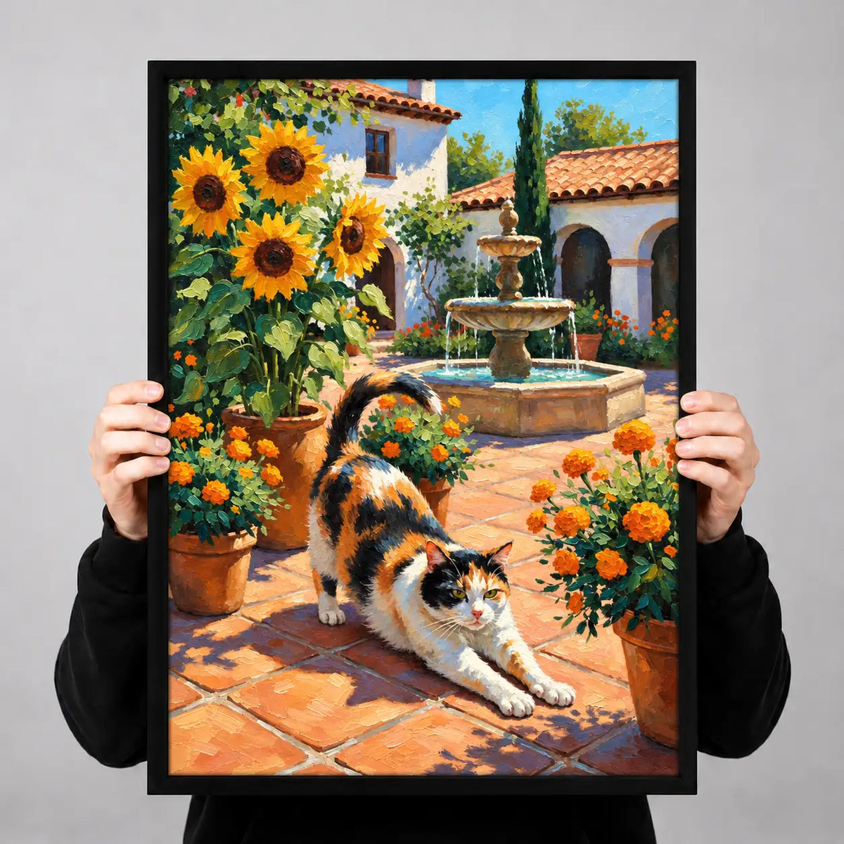 Calico Cat Stretching in Sunflower Courtyard Wall Art 3