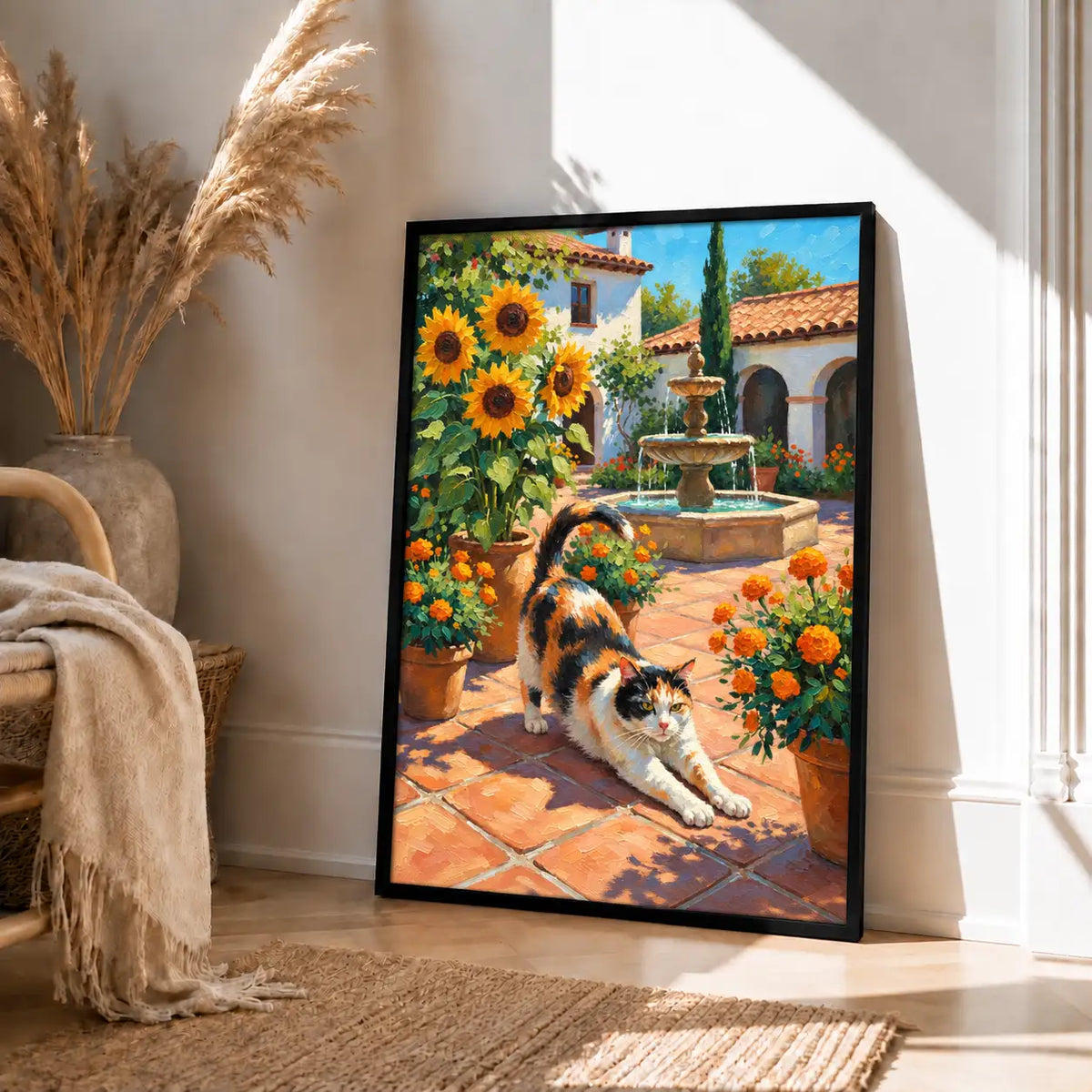 Calico Cat Stretching in Sunflower Courtyard Wall Art 4