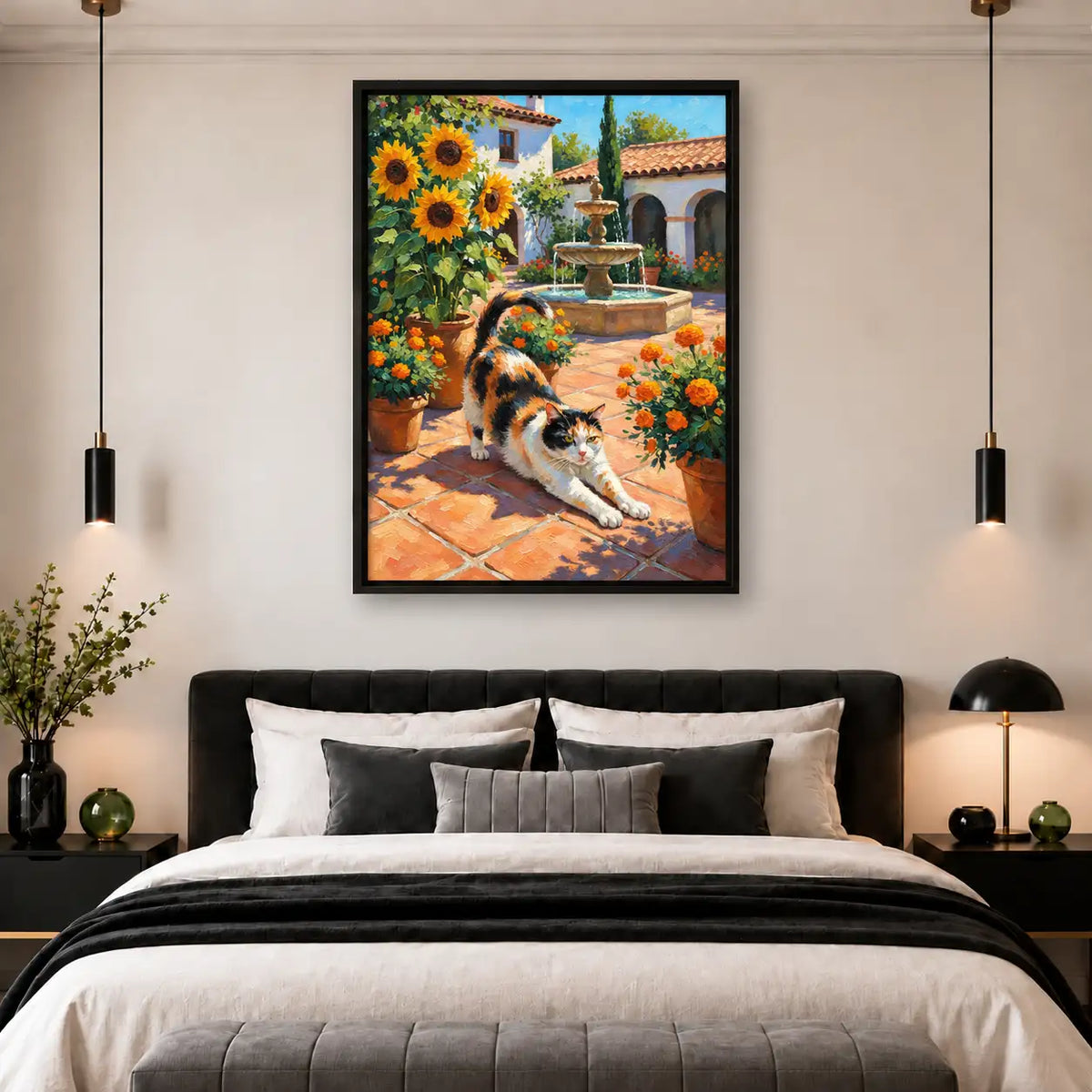 Calico Cat Stretching in Sunflower Courtyard Wall Art 5