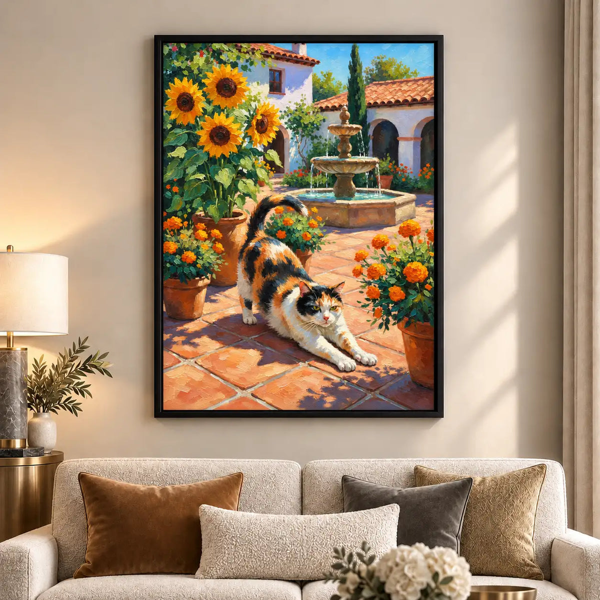 Calico Cat Stretching in Sunflower Courtyard Wall Art 6