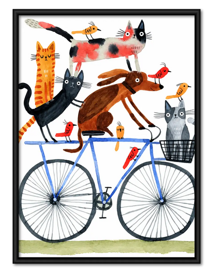 Cats and Dogs Riding a Blue Bicycle Wall Art