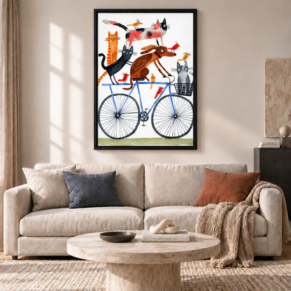 Cats and Dogs Riding a Blue Bicycle Wall Art 2