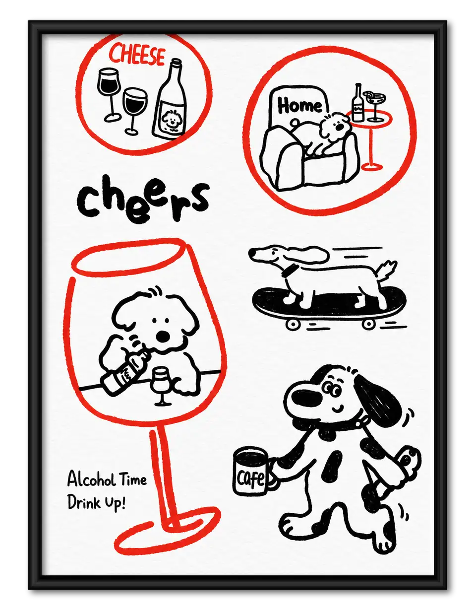 Cheers Dogs Drinks and Snacks Doodle Wall Art 1