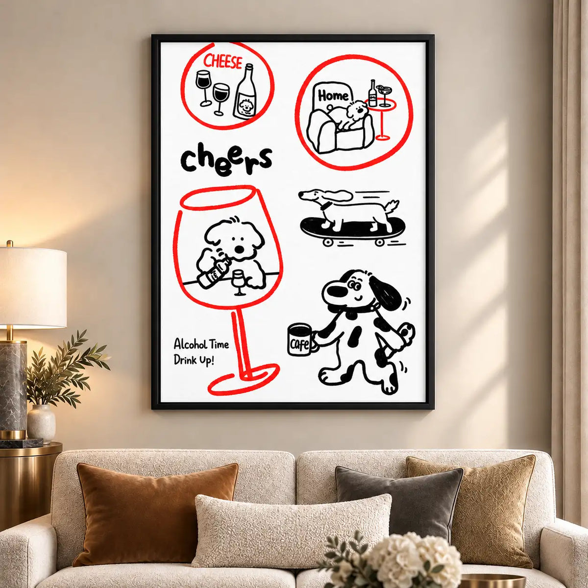 Cheers Dogs Drinks and Snacks Doodle Wall Art 6