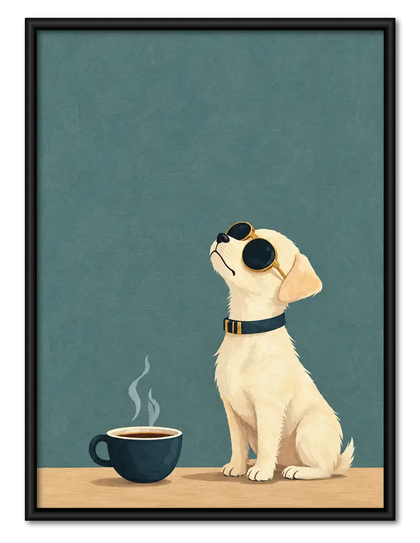 Cool Dog in Sunglasses Beside Morning Coffee Wall Art