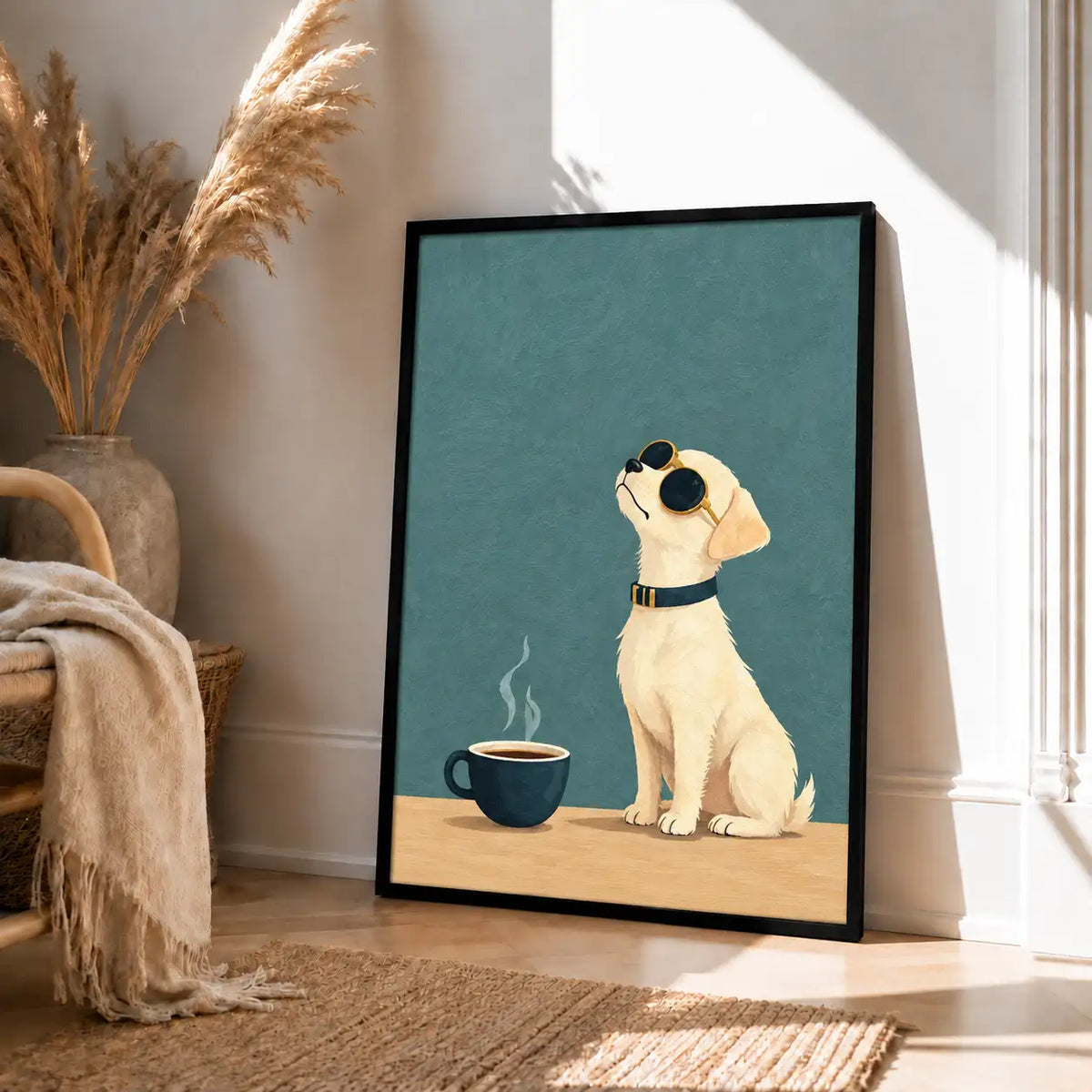 Cool Dog in Sunglasses Beside Morning Coffee Wall Art 4