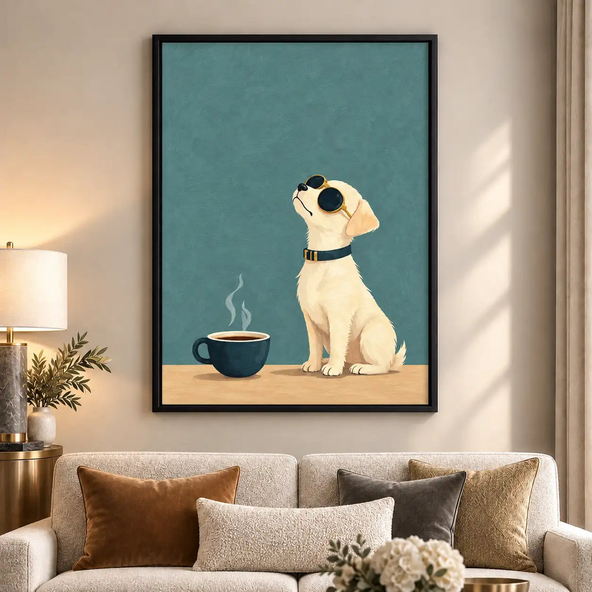 Cool Dog in Sunglasses Beside Morning Coffee Wall Art 6
