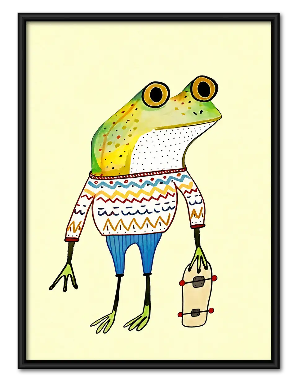 Cool Frog in Patterned Sweater with Skateboard Wall Art 1