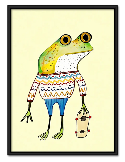 Cool Frog in Patterned Sweater with Skateboard Wall Art