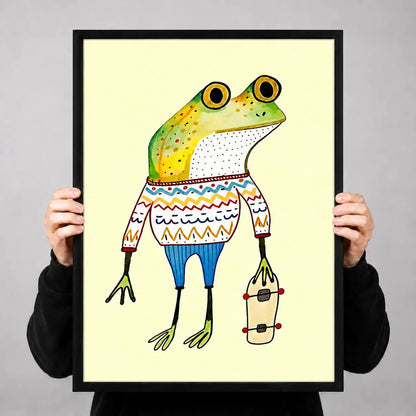 Cool Frog in Patterned Sweater with Skateboard Wall Art 3